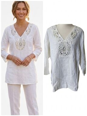 JM Collection white linen blouse embellished with beads women's size extra large